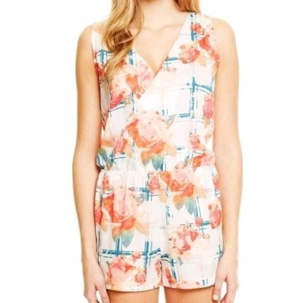Rebecca Minkoff silk blend Floral Grid Romper Womens 4 Sleeveless V-Neck